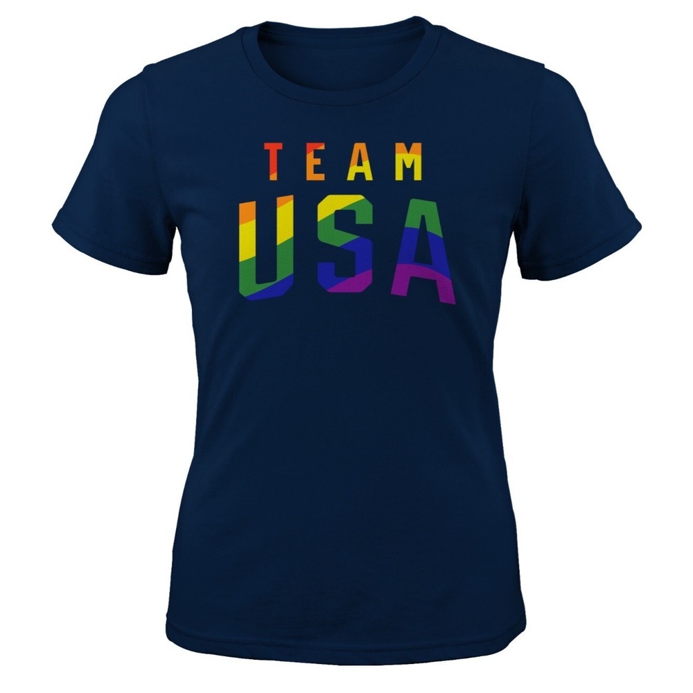Team USA Women's Stacked Logo Pride 🏳️🌈Month Cotton T-Shirt - Navy Size M